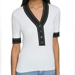 KARL LAGERFELD White & Black Ribbed T-Shirt Size Large